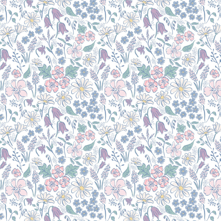 Multi coloured Ditsy Spring Pattern with bluebells, blossom and forget me nots