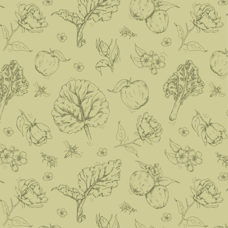 Secret garden green rhubarb, rhubarb leaf, apple and blossom, pattern