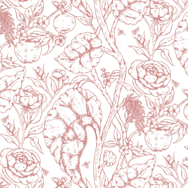 Pink simple and minimal Rhubarb, apple and rose secret garden pattern. Trailing pattern Classic and soft style pattern.