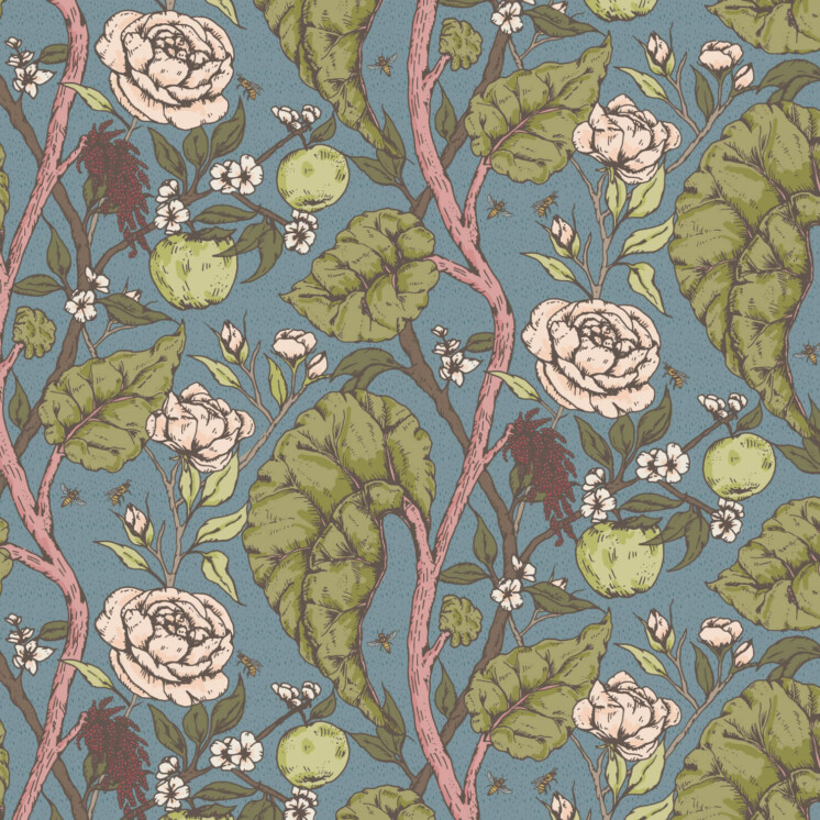 Botanical Rhubarb, rose and apple trailing pattern.