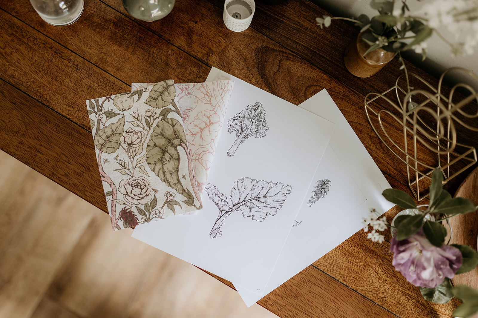 Rhubarb, rose and apple surface pattern. Nature inspired, story telling patterns