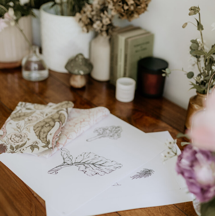 Rhubarb printed pattern on fabric with illustrations. Scented garden fabric pattern