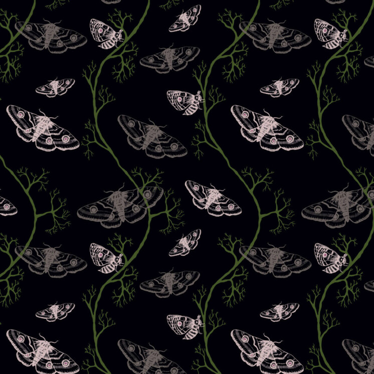 Moth and branch pattern in green and pink