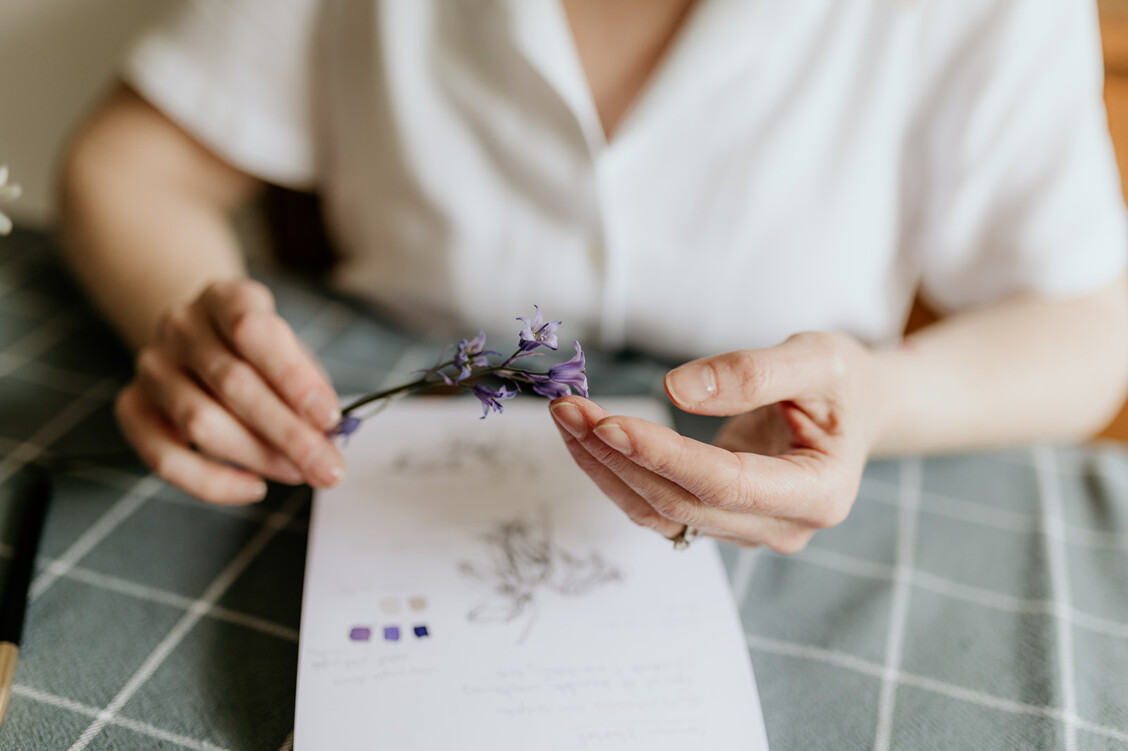 Sketchbook page featuring a hand-drawn study of a bluebell, capturing botanical details in pencil and ink
