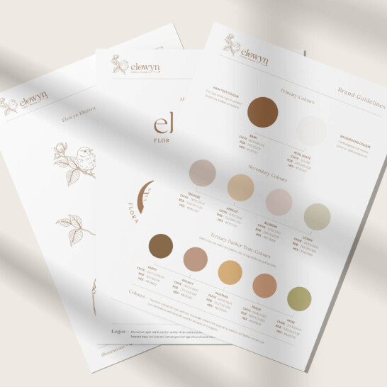 Elowyn Floral Design brand identity including logo, seasonal colour palette and hand-drawn botanical elements